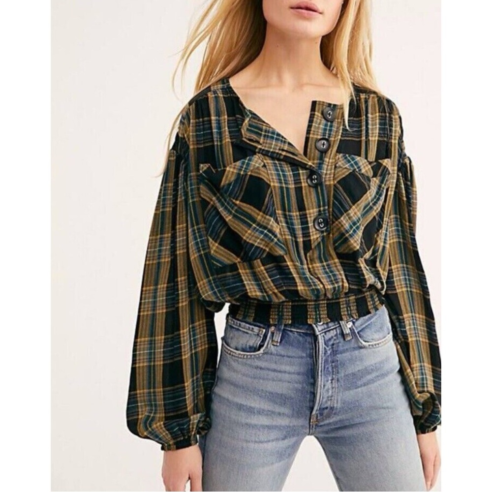 Free People Black and Gold Plaid Blouse Size S